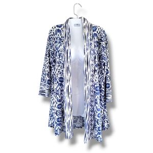 Dalia | Blue/White Boho Abstract Print Open Front 3/4 Sleeve Cardigan (SIZE M)